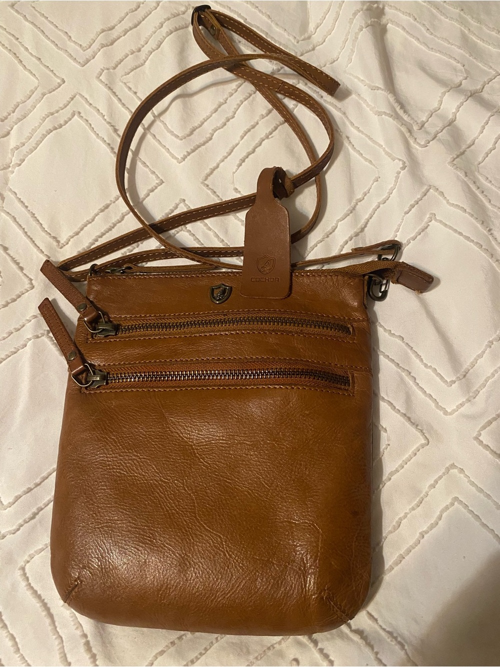 Cochoa (Not Coach)Tan Leather Crossbody Bag with Front Zip Pockets